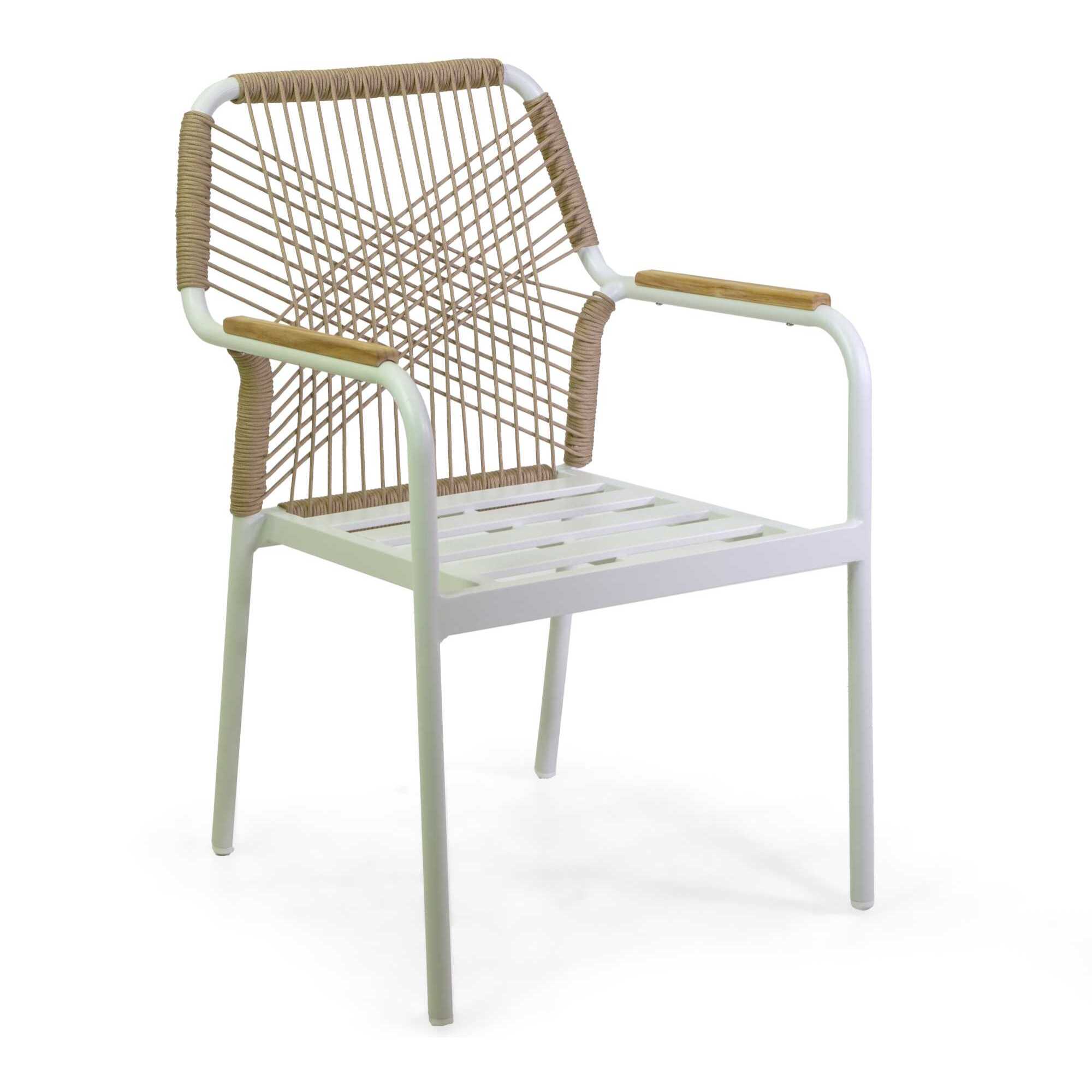 Poltrona Vacchetti Dean in alluminio bianco con corda e cuscino beige cm56x62h85