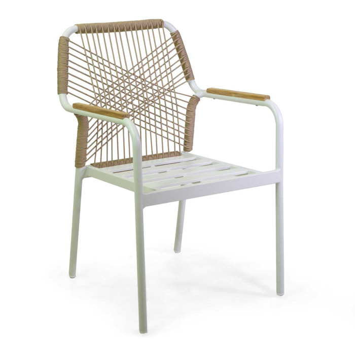 Poltrona Vacchetti Dean in alluminio bianco con corda e cuscino beige cm56x62h85