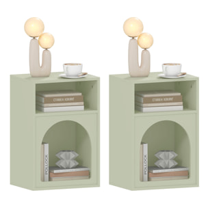 Juego de 2 Mesitas de Noche Modernas Mesillas de Noche Estrechas con 2 Compartimentos Abiertos Diseño en Forma de Arco Mesas Auxiliares para Salón Dormitorio 40x30x60 cm Verde Claro