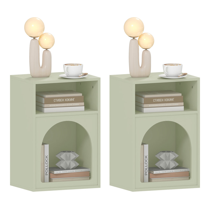 Juego de 2 Mesitas de Noche Modernas Mesillas de Noche Estrechas con 2 Compartimentos Abiertos Diseño en Forma de Arco Mesas Auxiliares para Salón Dormitorio 40x30x60 cm Verde Claro