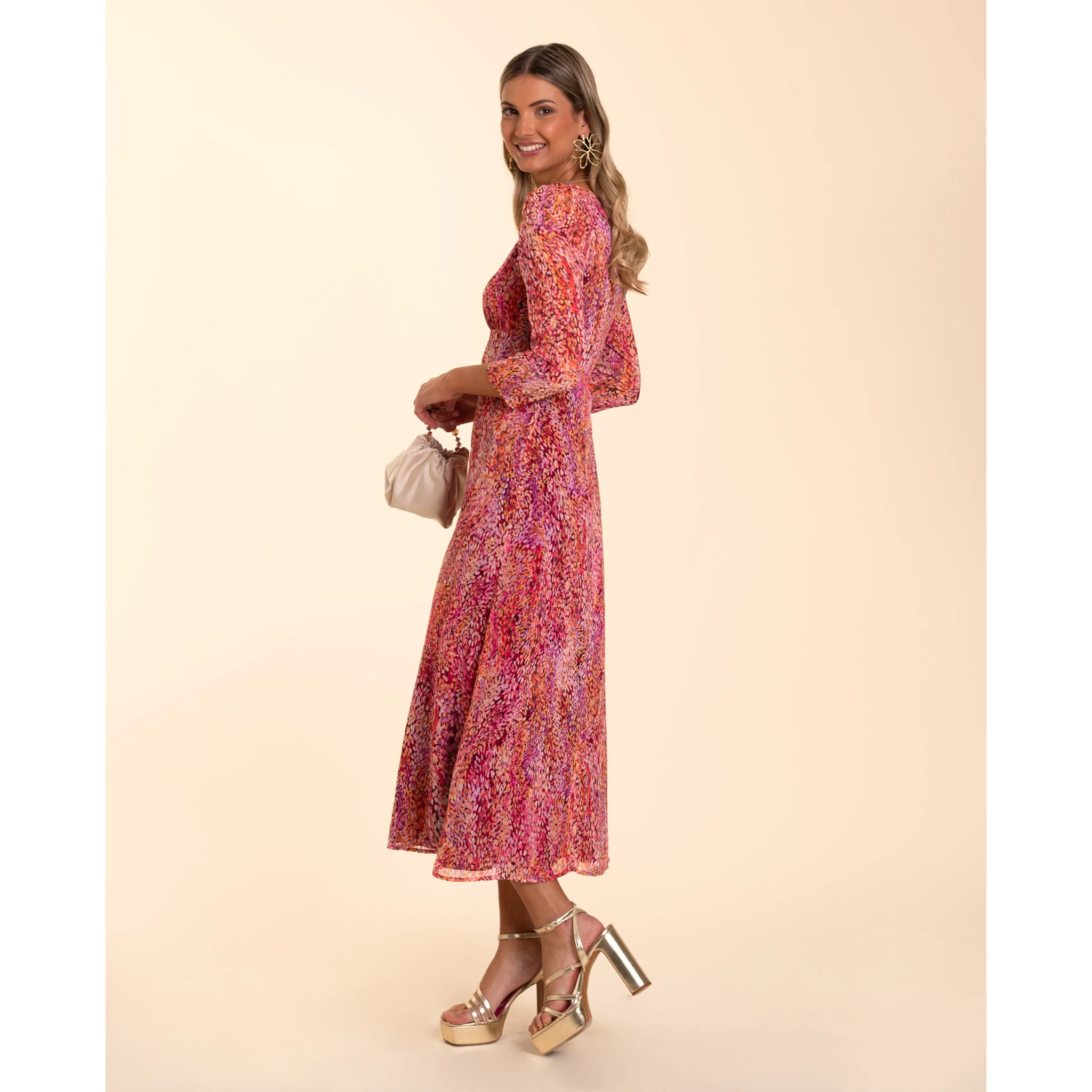 Vestido midi estampado con manga larga