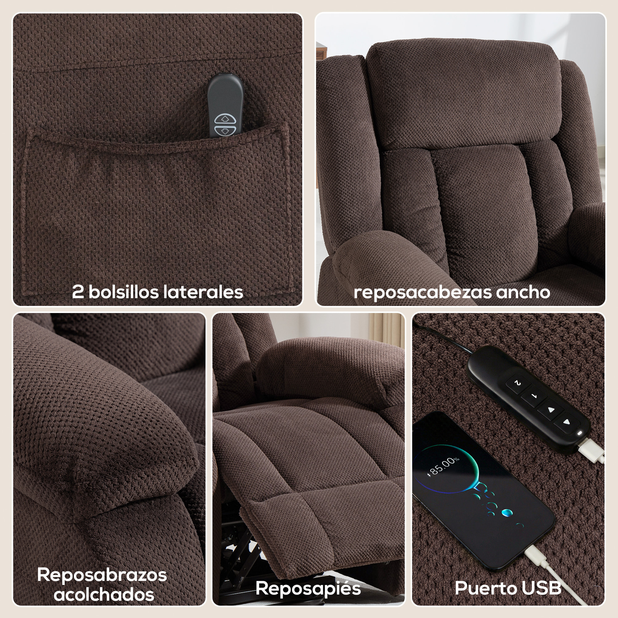 Sillón Relax Reclinable Eléctrico Levanta Personas, con Puerto USB, Sillón Elevador, con Control Remoto, Asiento Ancho, Reposapiés, Tapizado en Terciopelo, Bolsillos Laterales, Marrón