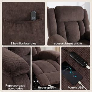 Sillón Relax Reclinable Eléctrico Levanta Personas, con Puerto USB, Sillón Elevador, con Control Remoto, Asiento Ancho, Reposapiés, Tapizado en Terciopelo, Bolsillos Laterales, Marrón
