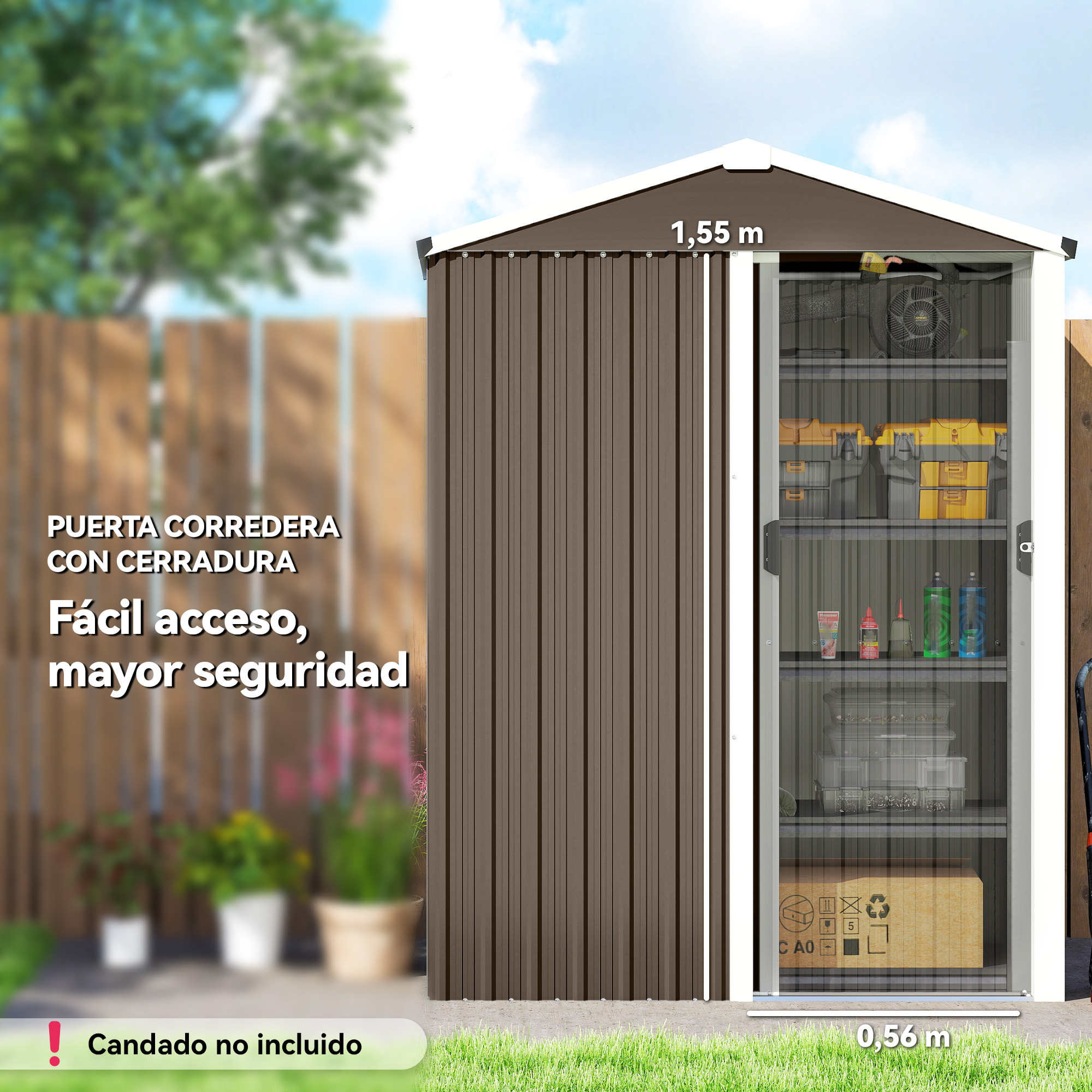 Caseta de Jardín Exterior 1,1 m², 136x87x179 cm, Cobertizo de Jardín Exterior Metálico con Puerta Corredera, Techo Inclinado y Guantes, para Almacenaje de Herramientas Bicicletas, Marrón