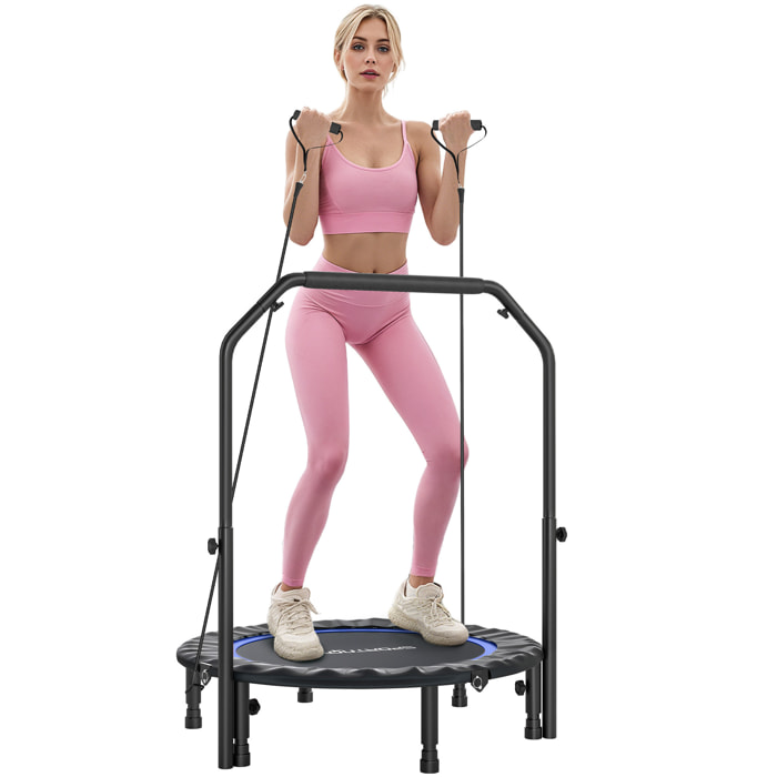 Trampolín de Fitness Adultos Ø102 cm, Cama Elástica Plegable con Mango Ajustable de 4 Niveles y Bandas, para Entrenamiento Piernas Cuerpo en Hogar Oficina Gimnasio Exterior, Carga 150 kg Azul