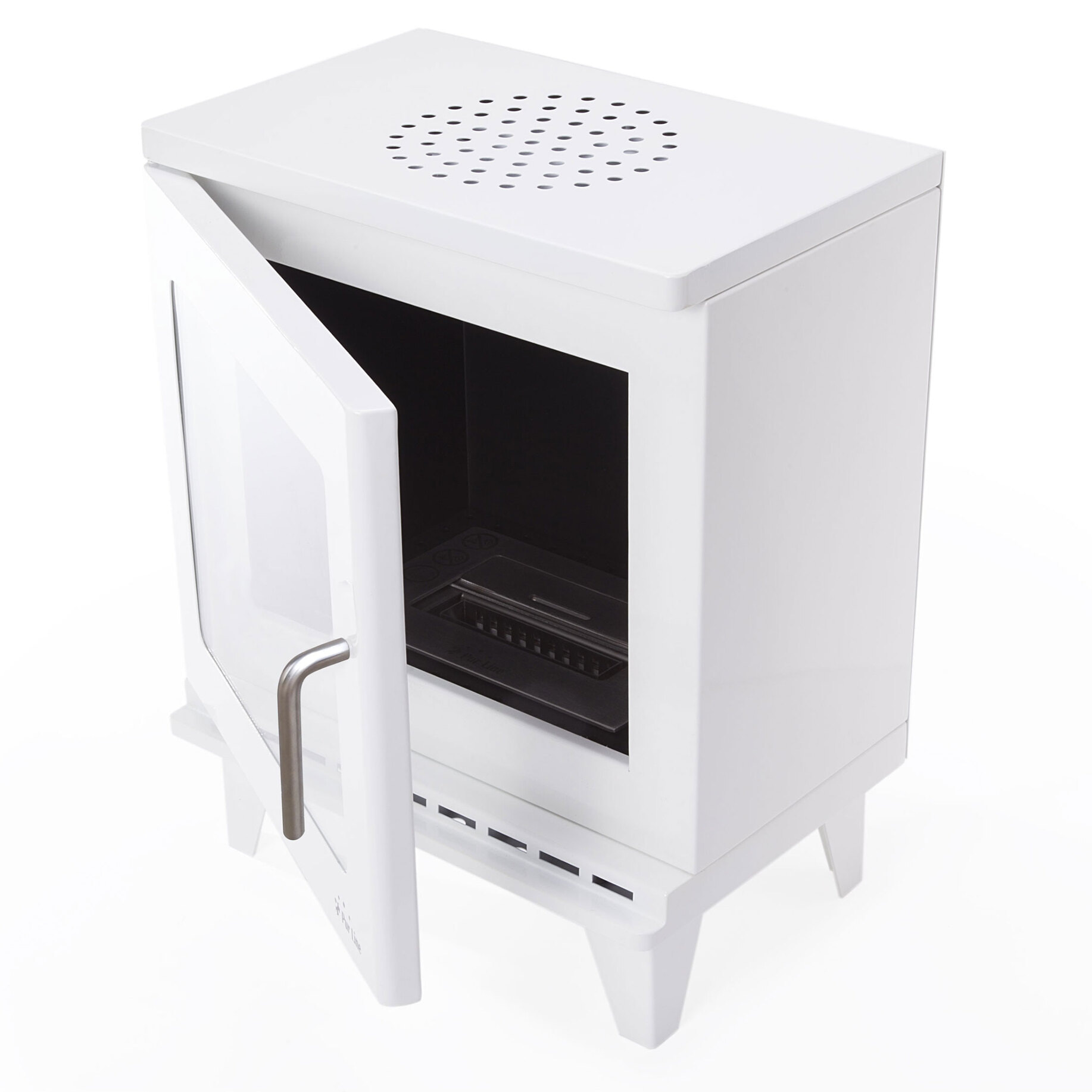 Estufa de etanol diseño cuadrado en acero blanco y puerta de cristal templado THESIS PURLINE