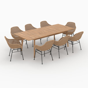 Table et chaises de jardin 8 personnes en bois de teck, résine tressée - Carmela