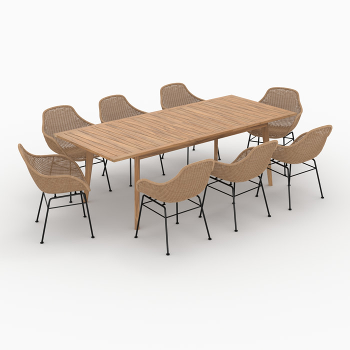 Table et chaises de jardin 8 personnes en bois de teck, résine tressée - Carmela