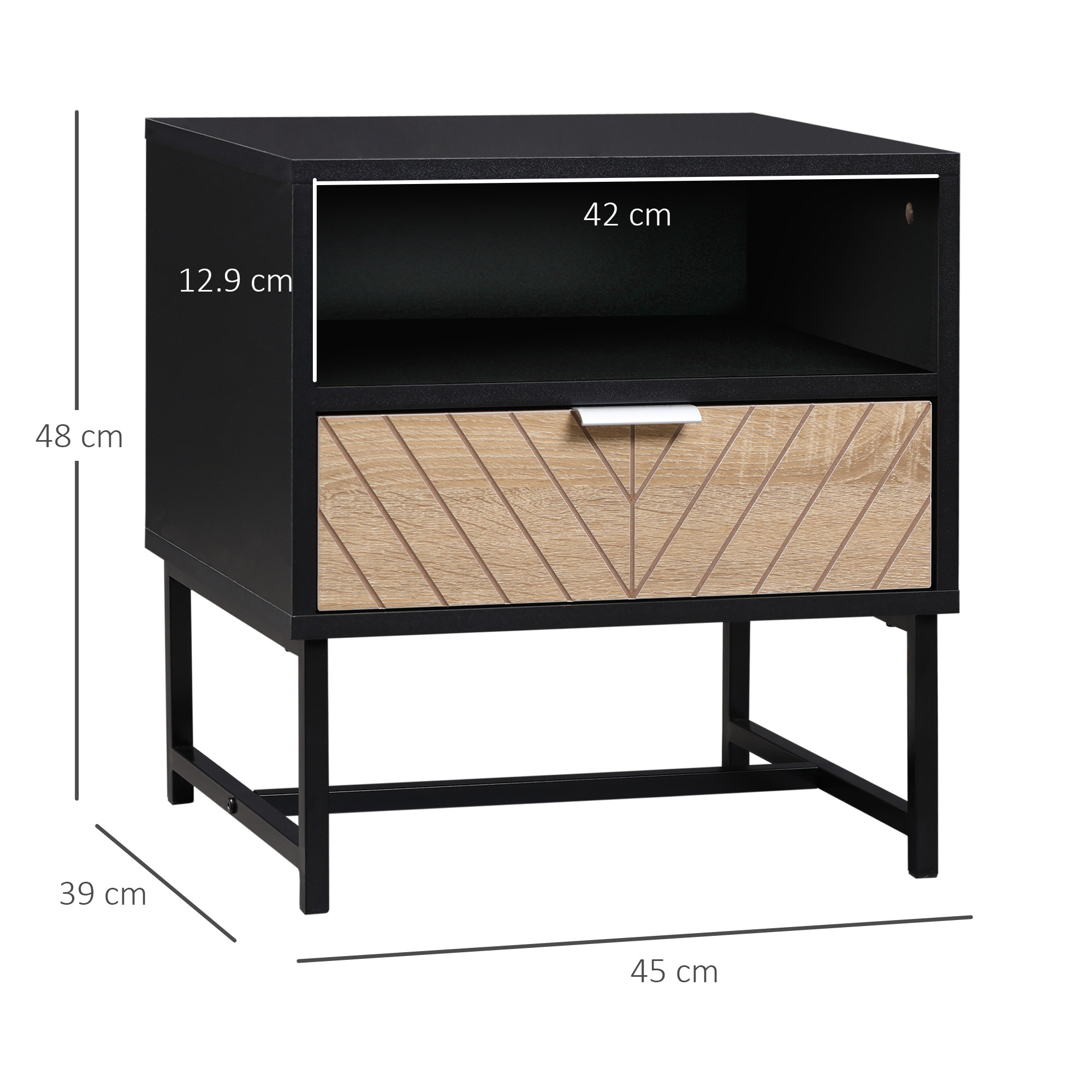 Table de chevet table de nuit style industriel tiroir niche piètement métal panneaux particules aspect bois de chêne sculpté à chevrons noir