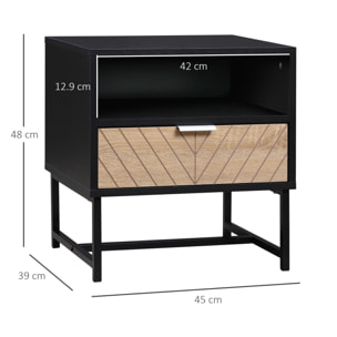 Table de chevet table de nuit style industriel tiroir niche piètement métal panneaux particules aspect bois de chêne sculpté à chevrons noir