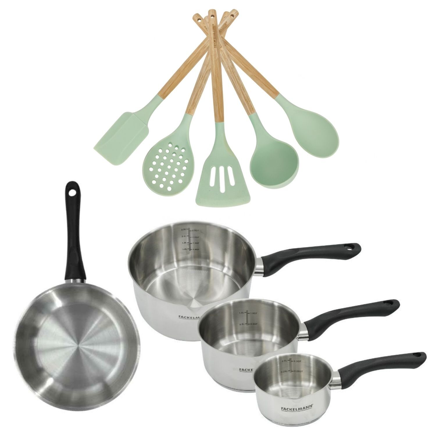 Lot 1 Poêle et 3 Casseroles 12/16/20cm Fackelmann Généva avec 5 ustensiles Océan