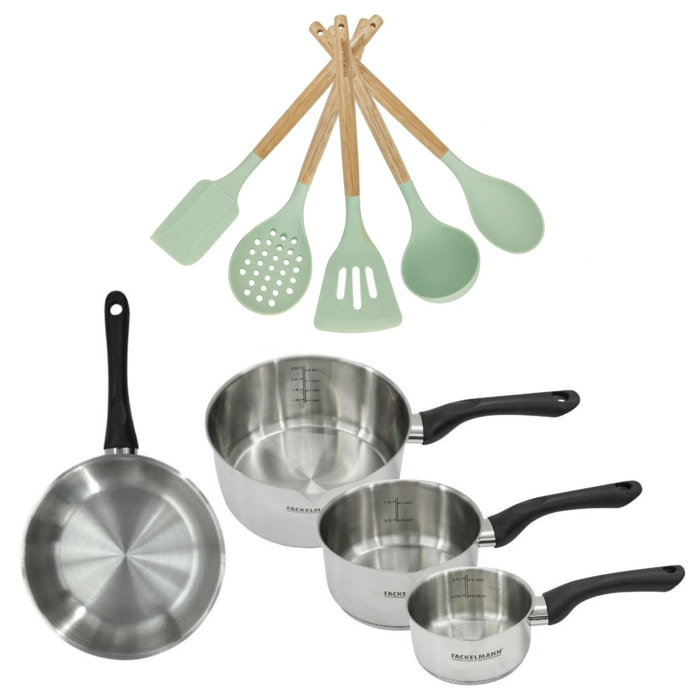 Lot 1 Poêle et 3 Casseroles 12/16/20cm Fackelmann Généva avec 5 ustensiles Océan