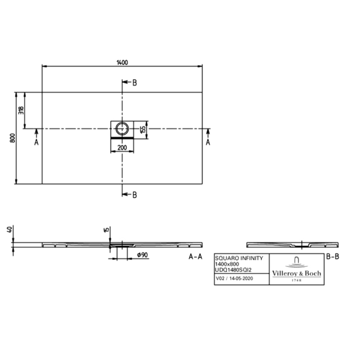 Receveur antidérapant 140 x 80 Squaro Infinity quaryl rectangle gris anthracite