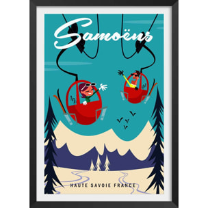 Poster ski à samoens Affiche + cadre en bois - Noir