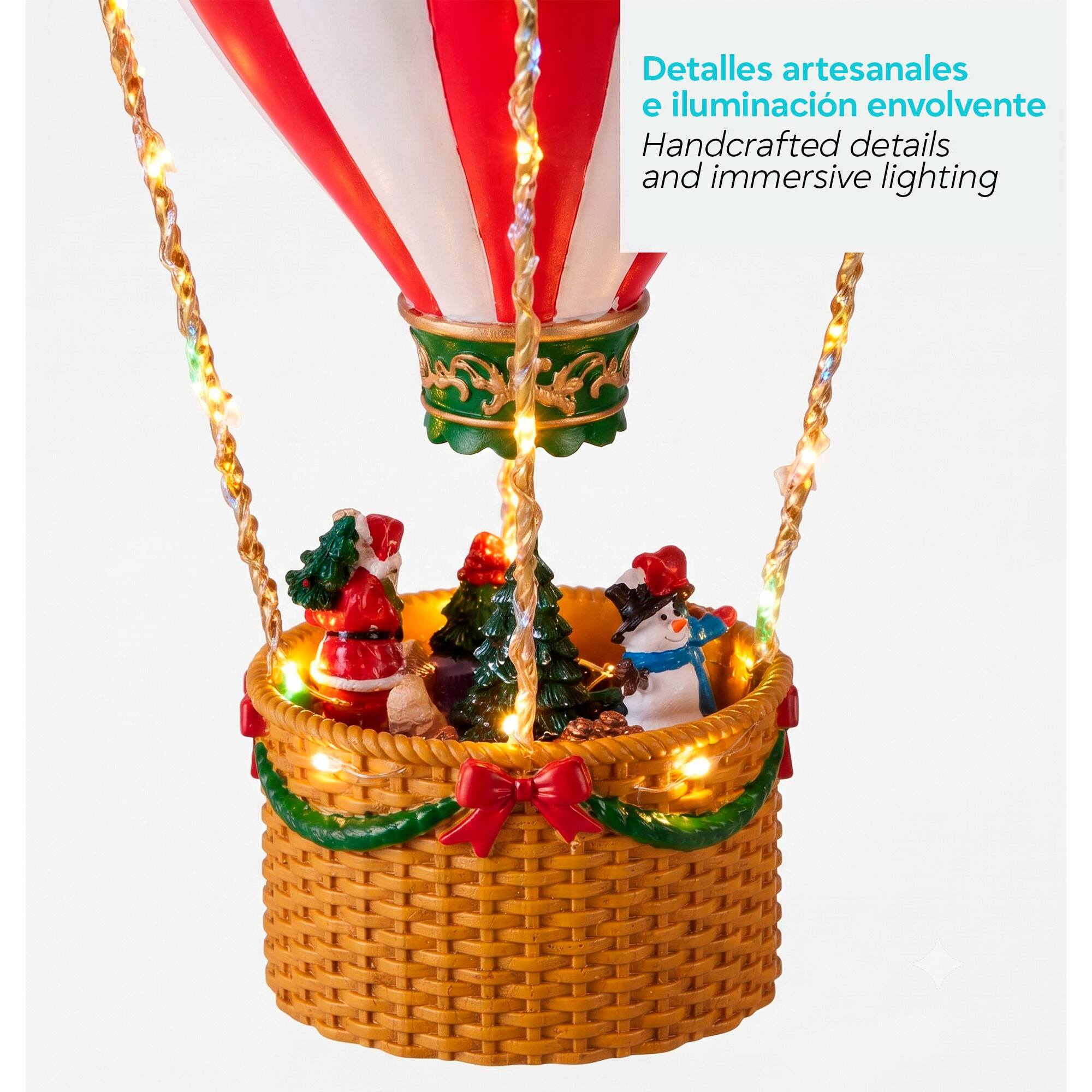 Globo aerostático navideño con papá noel luces led, movimiento y música con adaptador 21,5x21,5x41,5cm