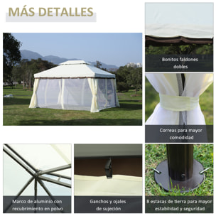 de Jardín 4x3 m, Pabellón de Jardín Gazebo con Doble Techo, 4 Cortinas y Mosquitera, Marco de Aluminio, Orificios de Drenaje, UPF50+, Carpa para Exterior, Terraza, Patio, Blanco Crema