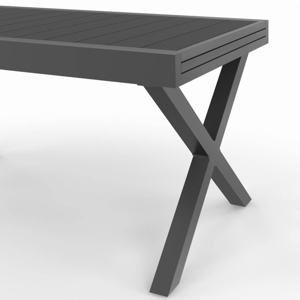 Table de jardin extensible en polywood gris anthracite et pieds croisés 135-270cm