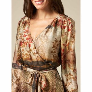 Oltre - Vestido cruzado con estampado patchwork - Beige