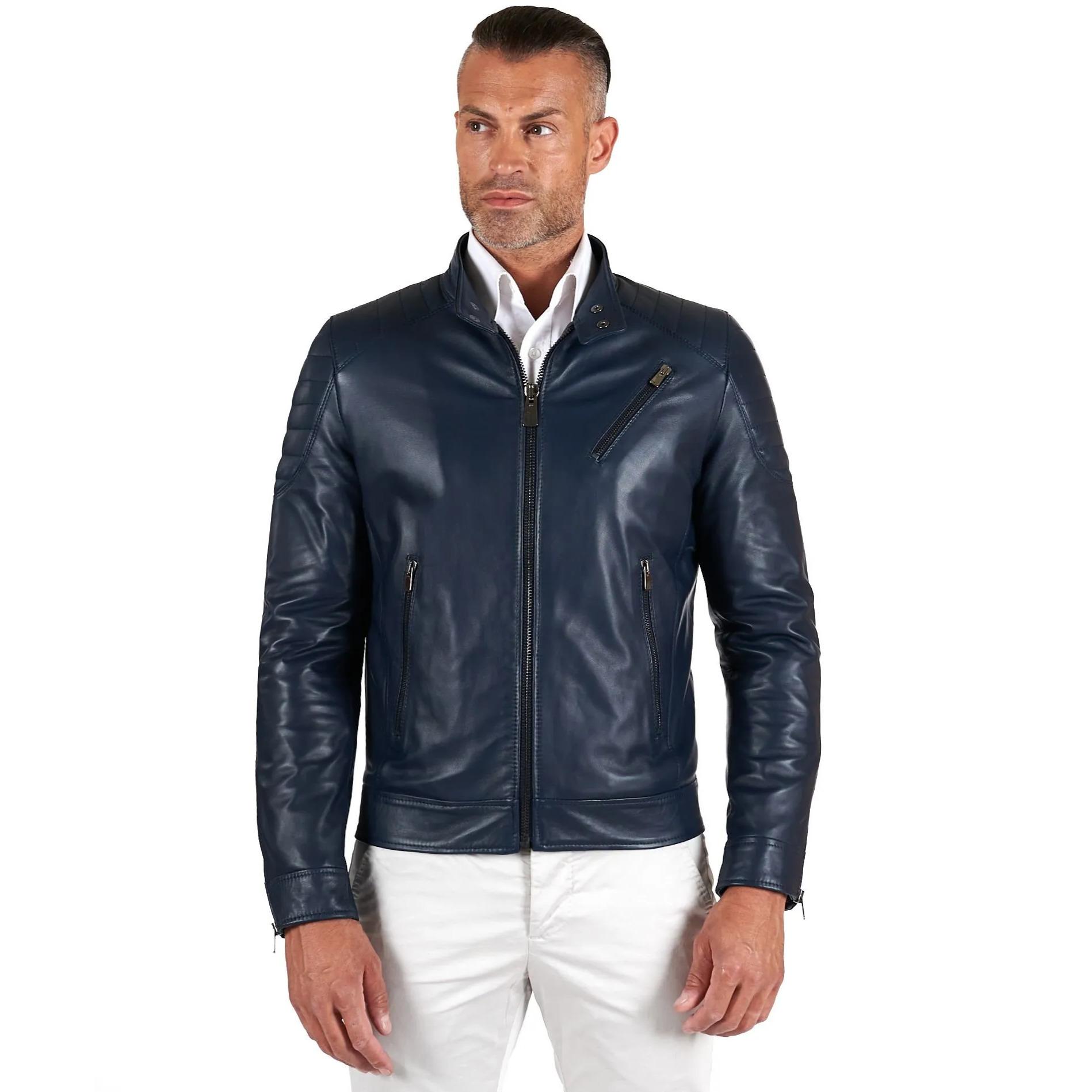 Giacca moto in pelle blu biker trapuntato spalle effetto liscio