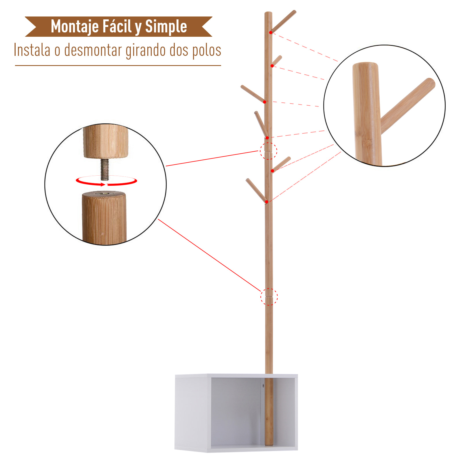 Perchero de Pie Tipo árbol de Bambú 40x30x180cm