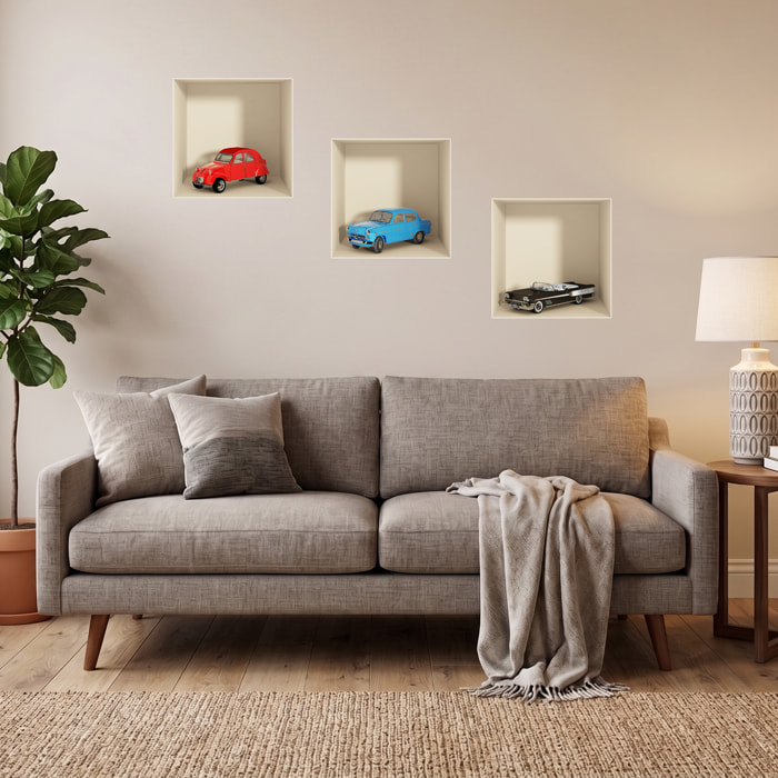 Stickers muraux 3D | Sticker Mural Autocollant effet 3D voitures vintage - Stickers adhésifs 3D Chambre Salon Trompe l'oeil