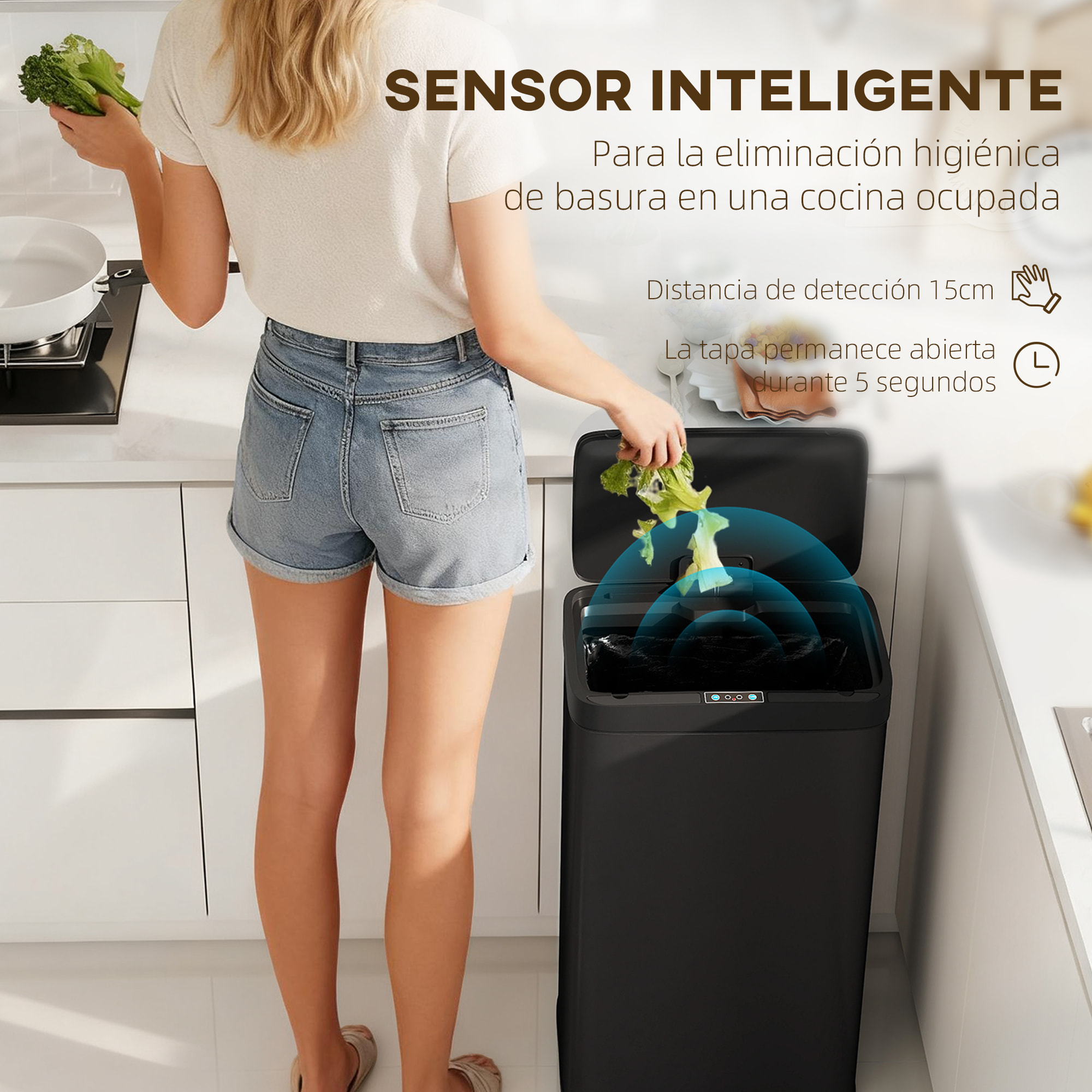 Cubo de Basura Cocina Automático 45 L, Papelera de Cocina de Metal con Sensor Infrarrojo, Cierre Suave, Cubo Interior Extraíble, Antihuellas, para Oficina, Hogar, Negro