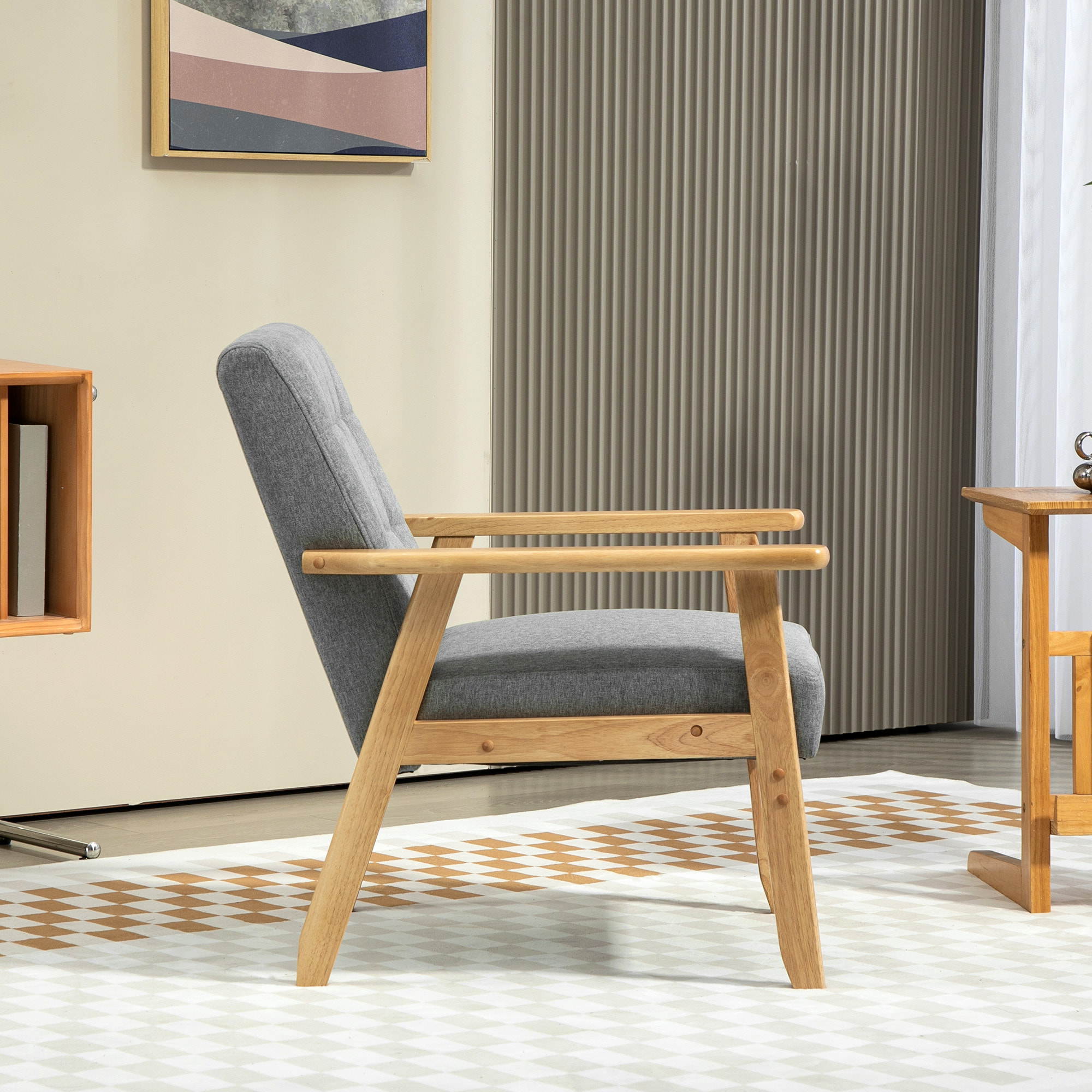 Sillón Individual Sofá Individual Tapizado en Lino con Reposabrazos de Madera Respaldo Acolchado Carga 130 kg Sillón para Salón Dormitorio Gris Claro