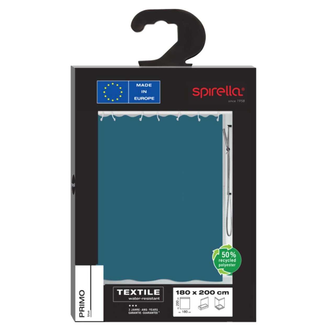 Rideau de douche Polyester PRIMO Bleu Pérole Spirella