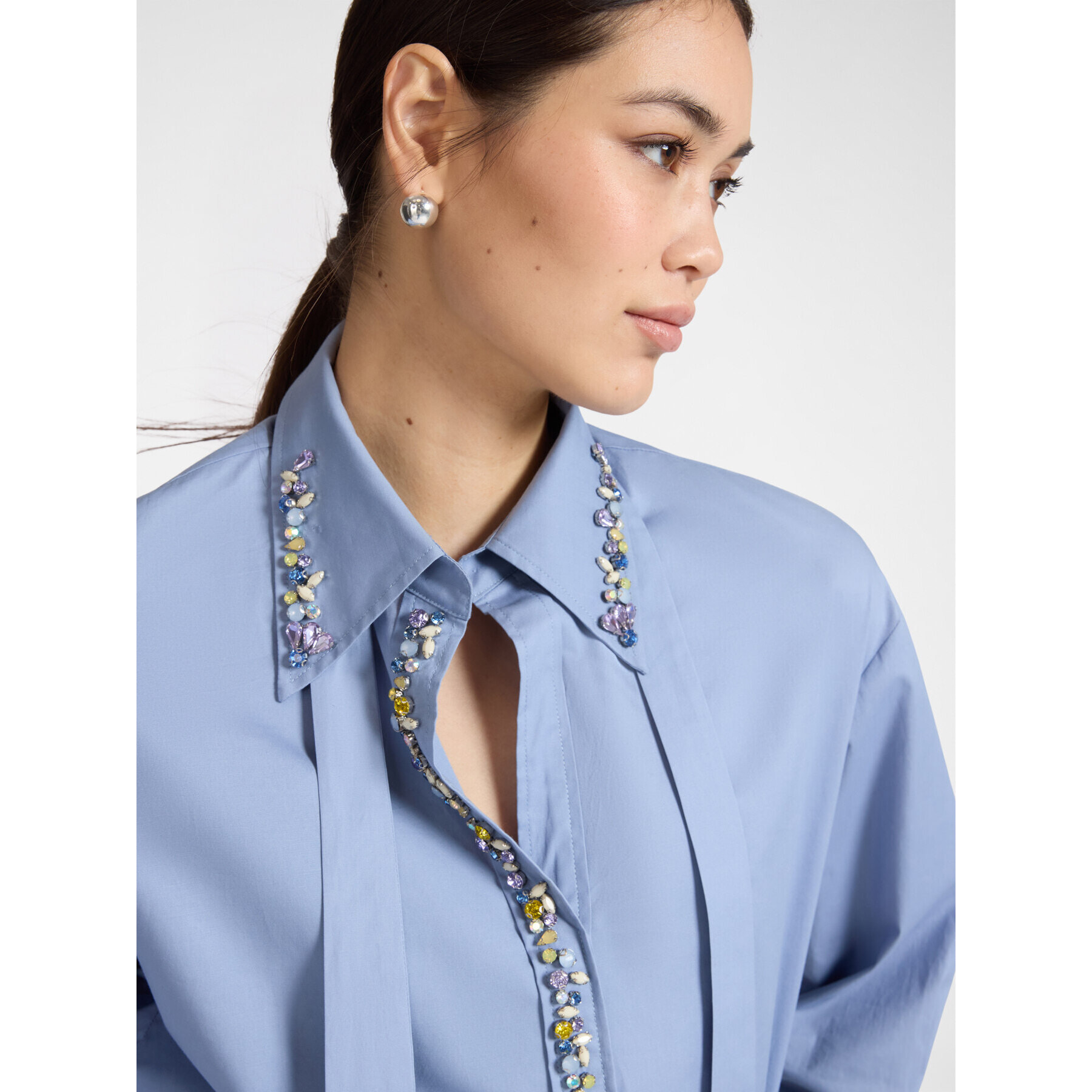 Elena Mirò - Camicia in popeline con cristalli - Azzurro