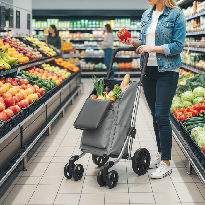 Carrito de Compra Plegable de 46 L de Aluminio con Bolsa Térmica, Carro de la Compra 3 en 1 con 6 Ruedas y Asa Ajustable, para Supermercado, Gris