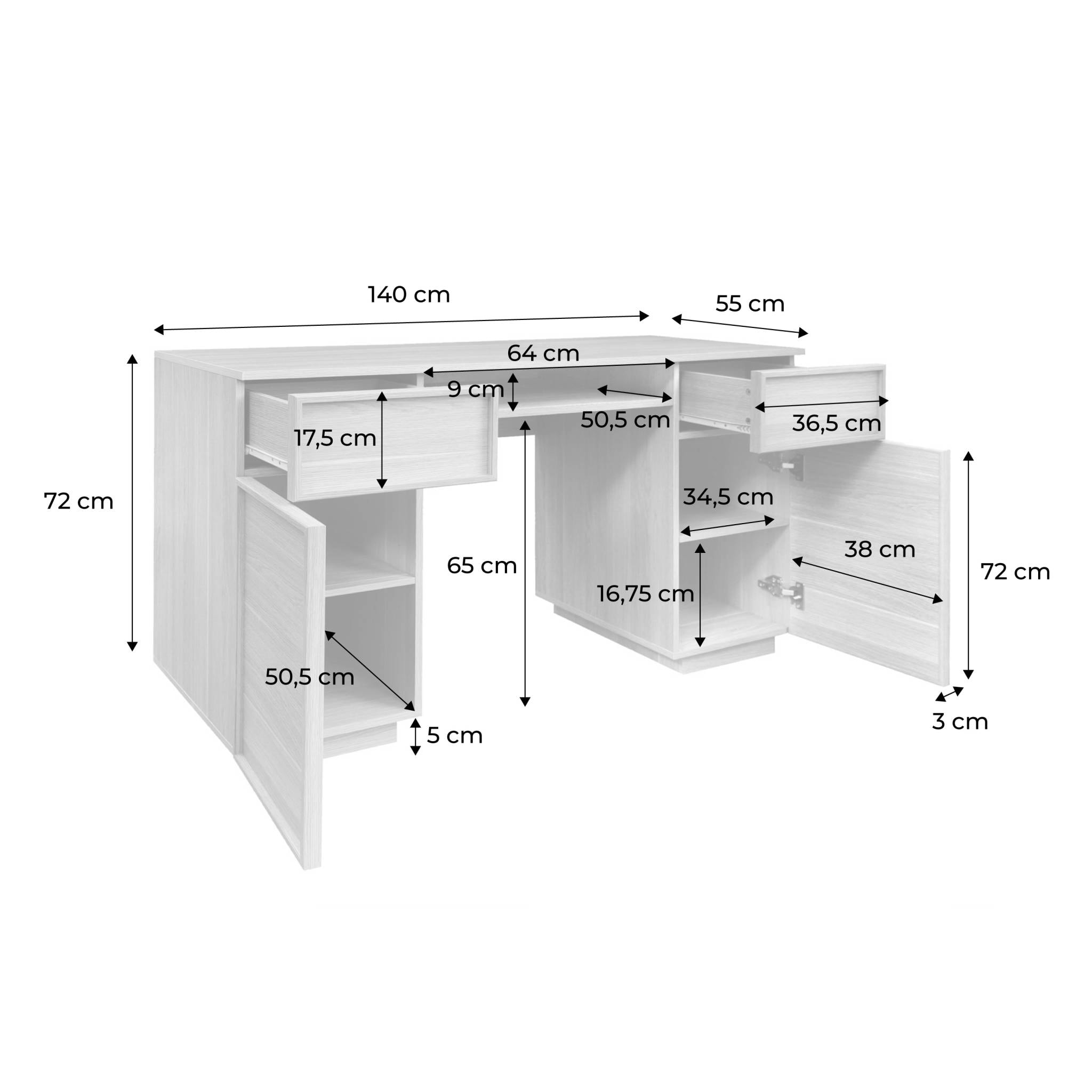Bureau décor bois 2 portes 2 tiroirs 1 niche 140cm KUBA