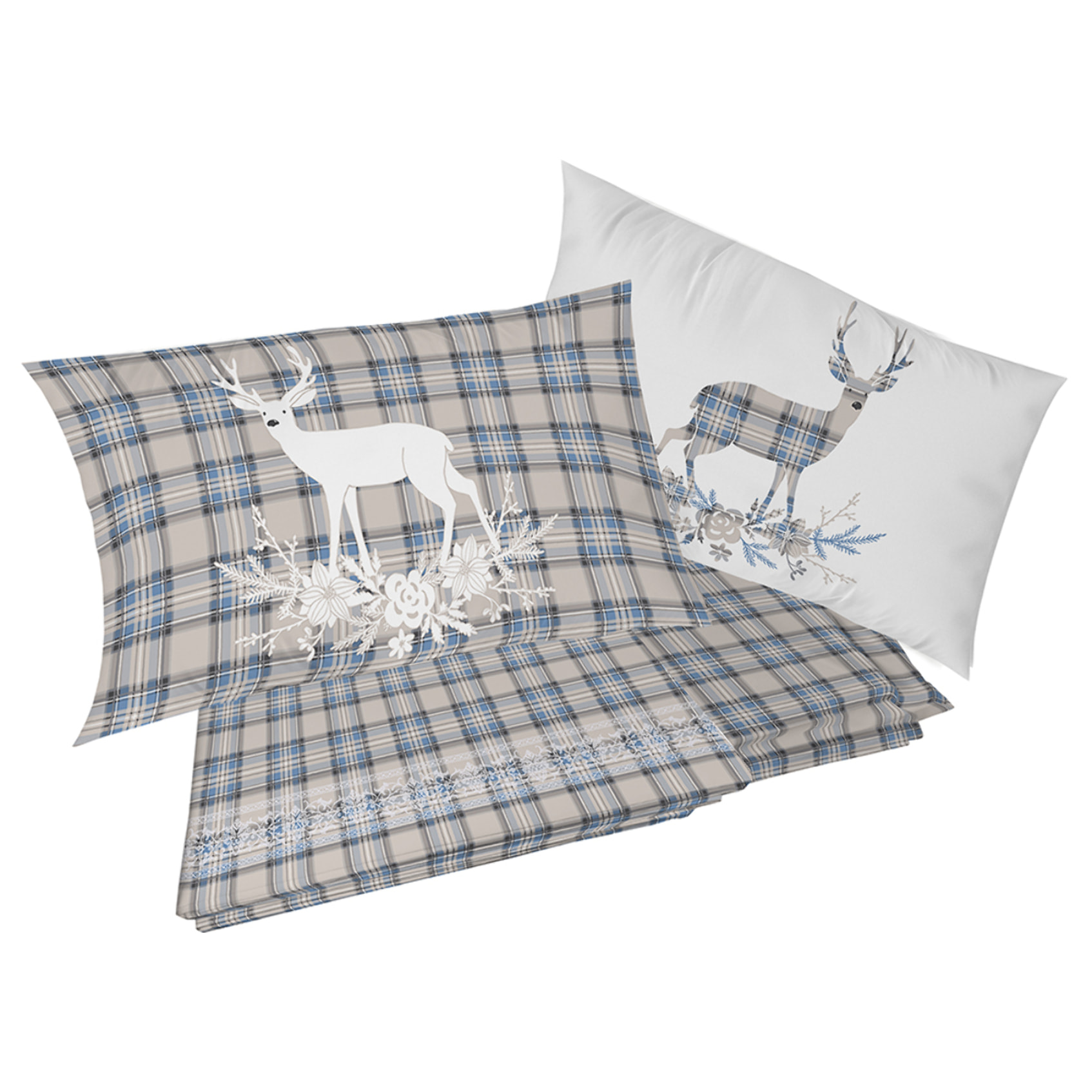Completo letto in flanella tartan cervo azzurro