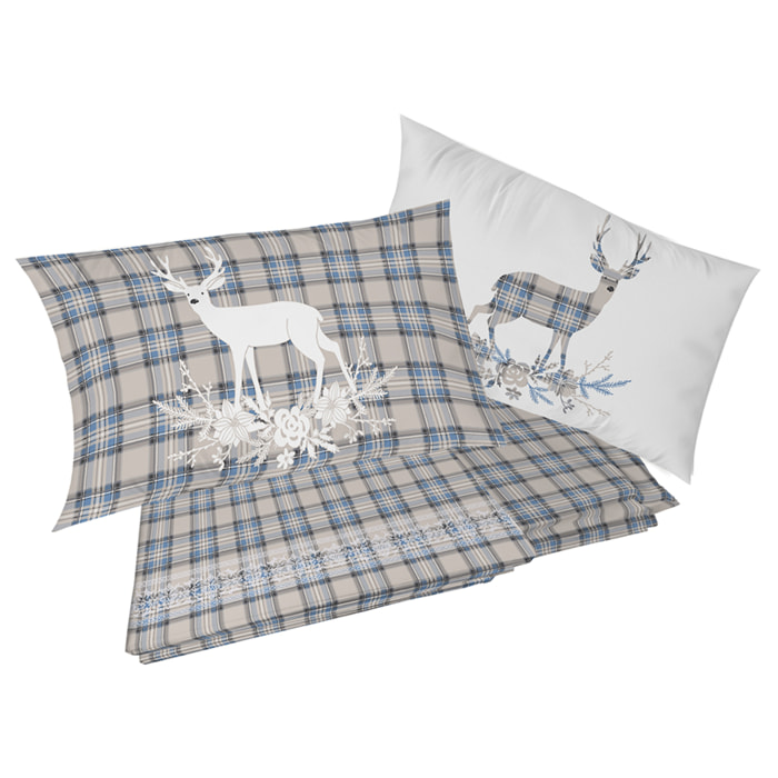 Completo letto in flanella tartan cervo azzurro