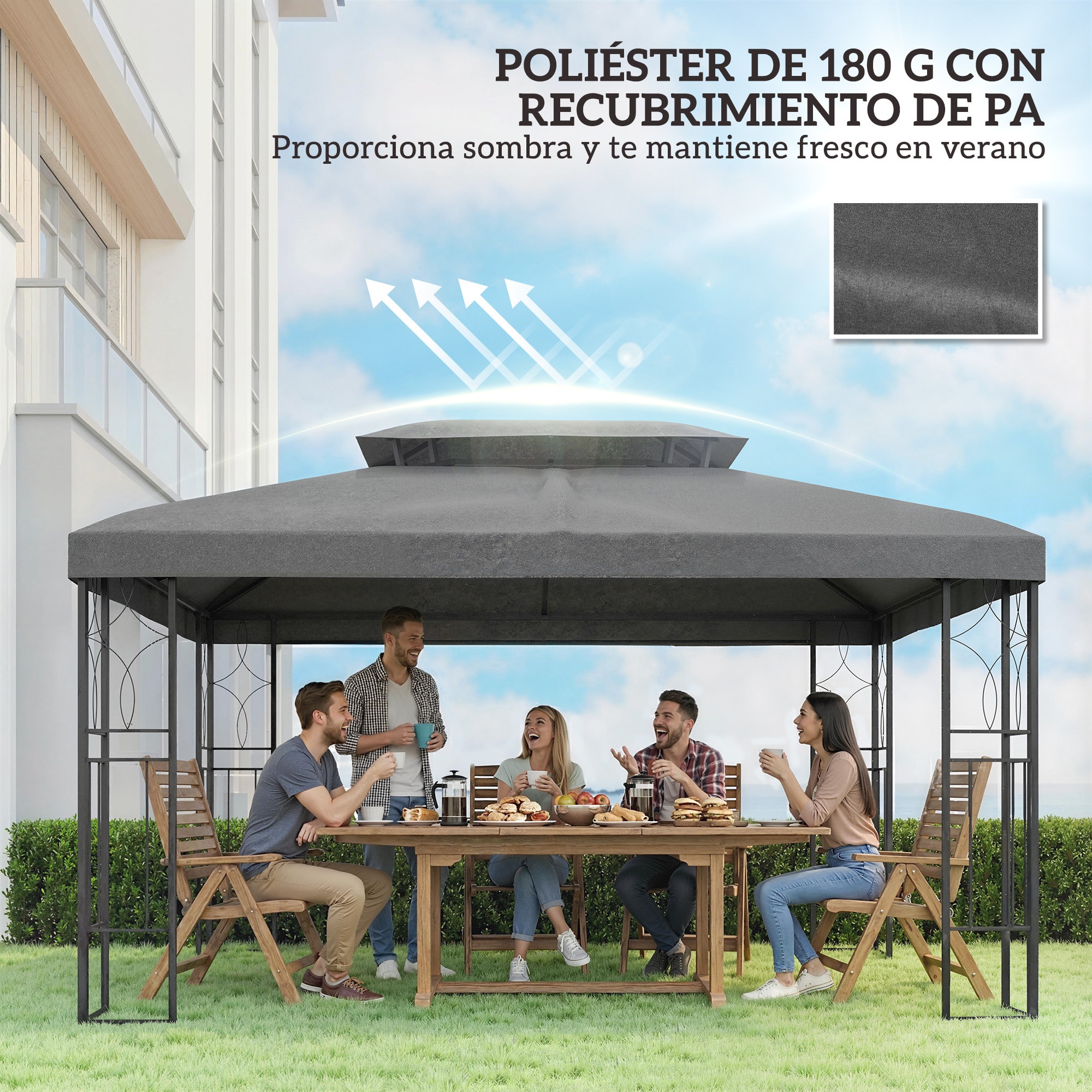Techo de Repuesto para Cenador, 4x3 m, Cubierta de Repuesto con Techo Doble, 10 Orificios de Drenaje y Protección UV, SOLO Toldo de Recambio para Pabellón Gazebo, Gris Oscuro
