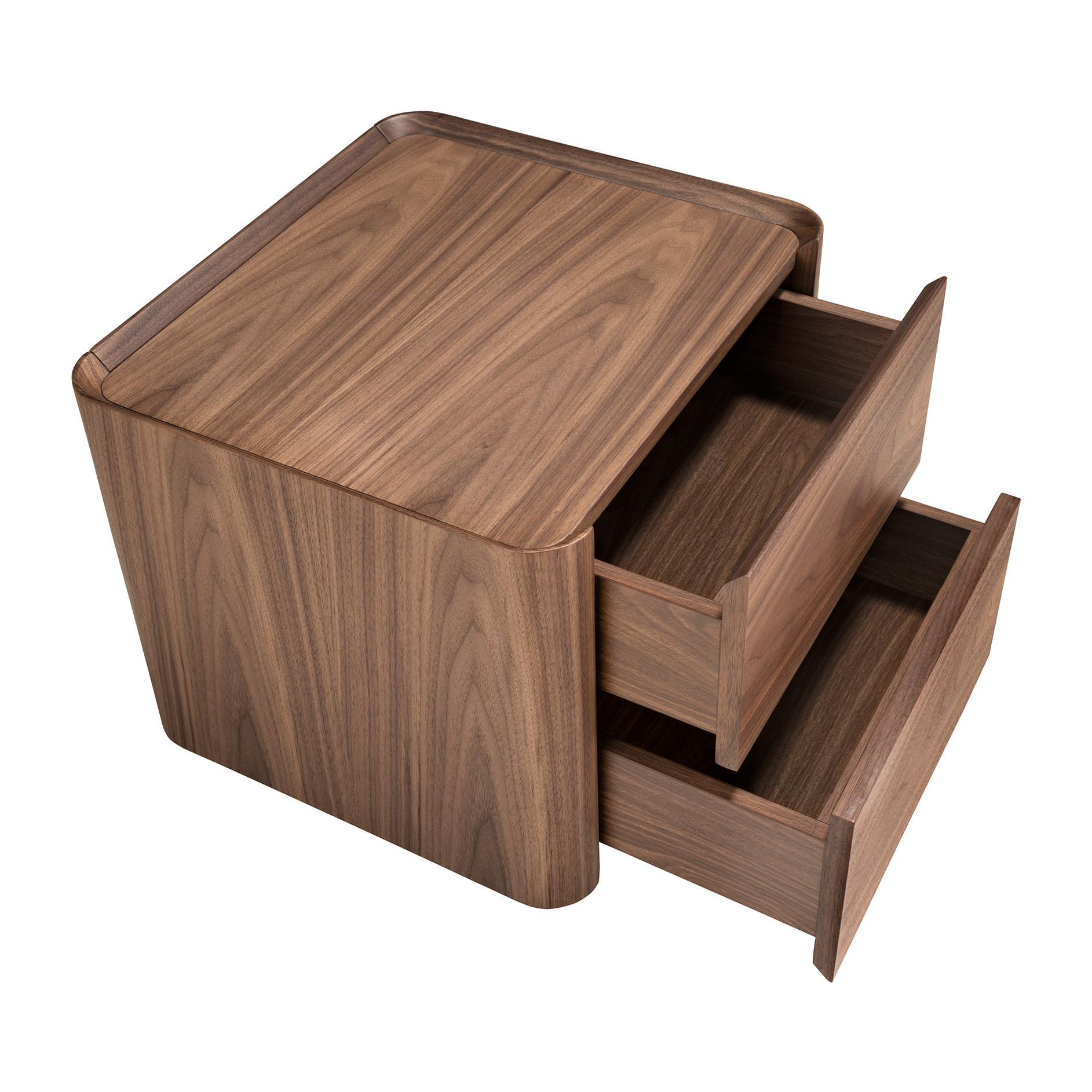 Mesita de noche con estructura de madera chapada en nogal natural y una original base de madera chapada en nogal 50x45x45cm