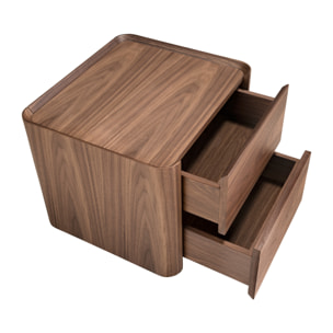 Mesita de noche con estructura de madera chapada en nogal natural y una original base de madera chapada en nogal 50x45x45cm