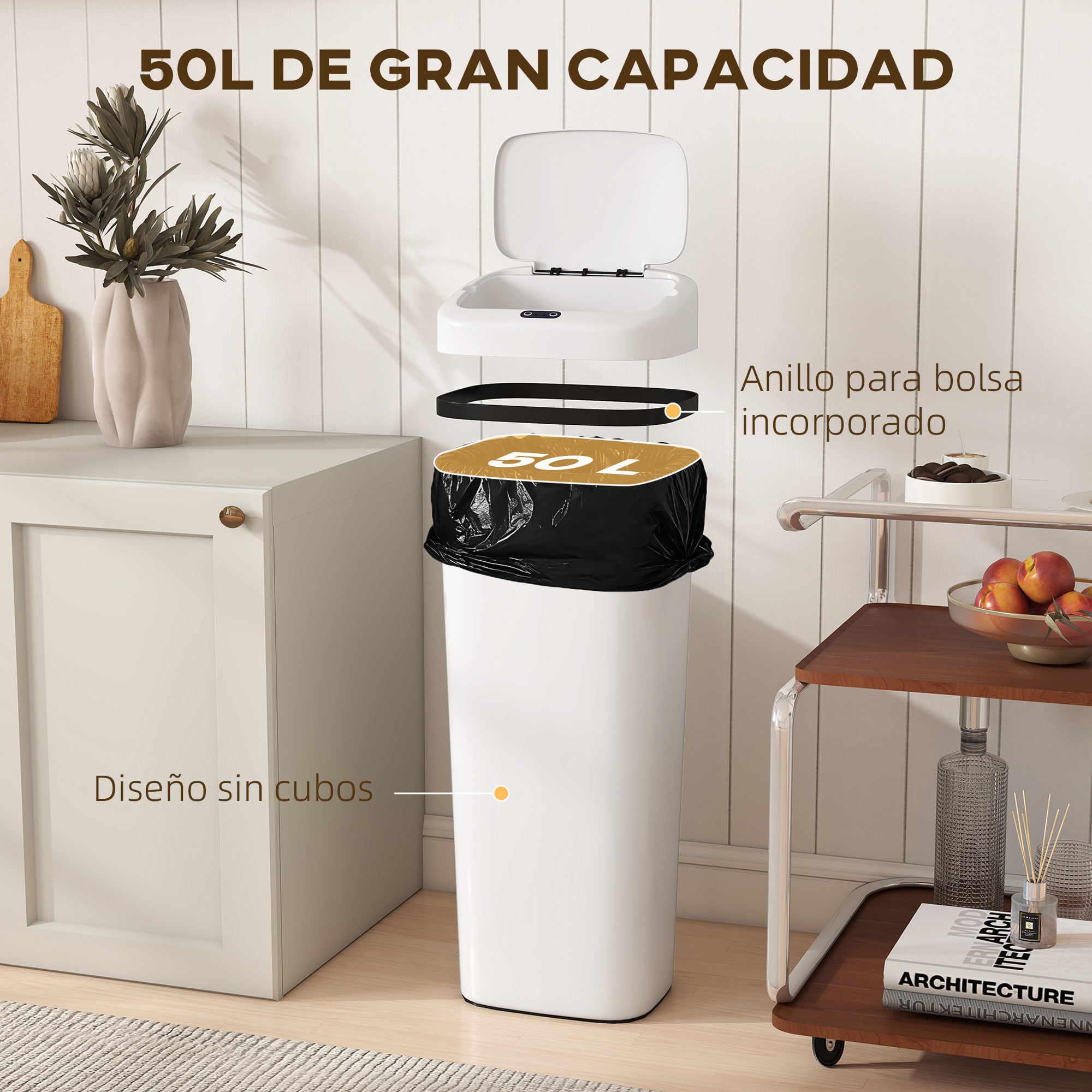 Cubo de Basura Cocina Automático 50 L, Papelera de Cocina Estrecha de Acero Inoxidable con Sensor Infrarrojo y Modo Manual, Anillo de Retención, Antihuellas, para Oficina, Hogar, Blanco