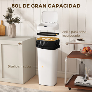 Cubo de Basura Cocina Automático 50 L, Papelera de Cocina Estrecha de Acero Inoxidable con Sensor Infrarrojo y Modo Manual, Anillo de Retención, Antihuellas, para Oficina, Hogar, Blanco