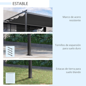 Pérgola de Pared de Jardín 4x3 m Gazebo Exterior Cenador con Techo Retráctil Tela de Poliéster y Marco de Acero para Patio Terraza Balcón Gris Oscuro