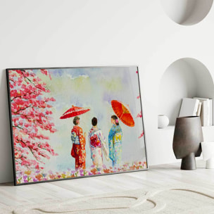 Affiche encadrée aquarelle japonaise et cerisiers Affiche + cadre en métal - Noir