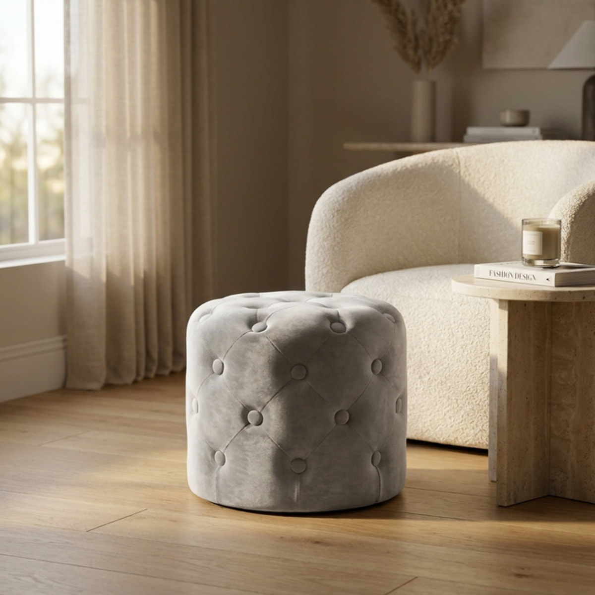 Pouf Poggiapiedi in Velluto Capitonné, Pouf Contenitore Design Moderno, Seduta Imbottita Multiuso per Soggiorno Camera da Letto Living, Complemento d’Arredo Elegante Stile Contemporaneo