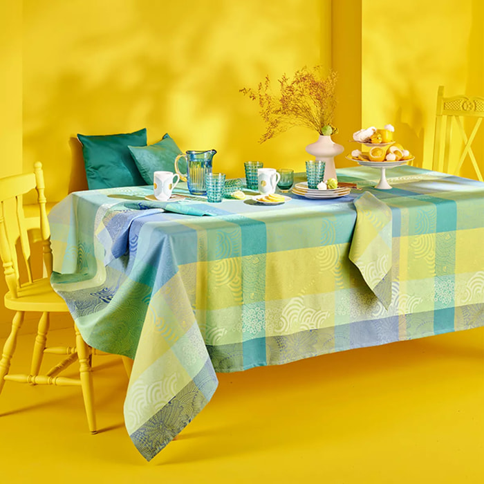 Nappe pur coton enduit motif jacquard bleu Mille rainures atoll
