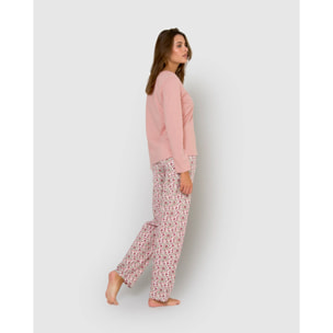 Pijama largo de algodón con escote pico amazonas rosa