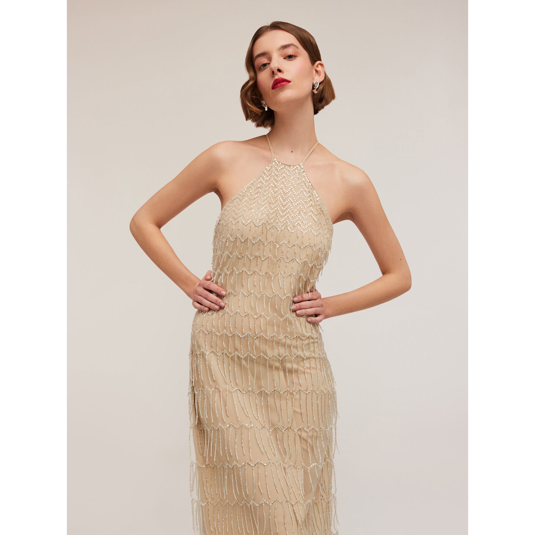 Motivi - Vestido bordado con flecos - Beige