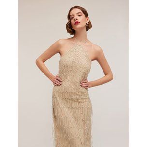 Motivi - Vestido bordado con flecos - Beige
