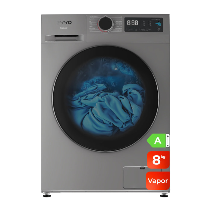EVVO Lavadora Nature 8 8 kg, 1350 rpm, Clase A, motor inverter, tambor ePROTECT, vapor Steam Wash, 15 programas, 15’ rápido, inox