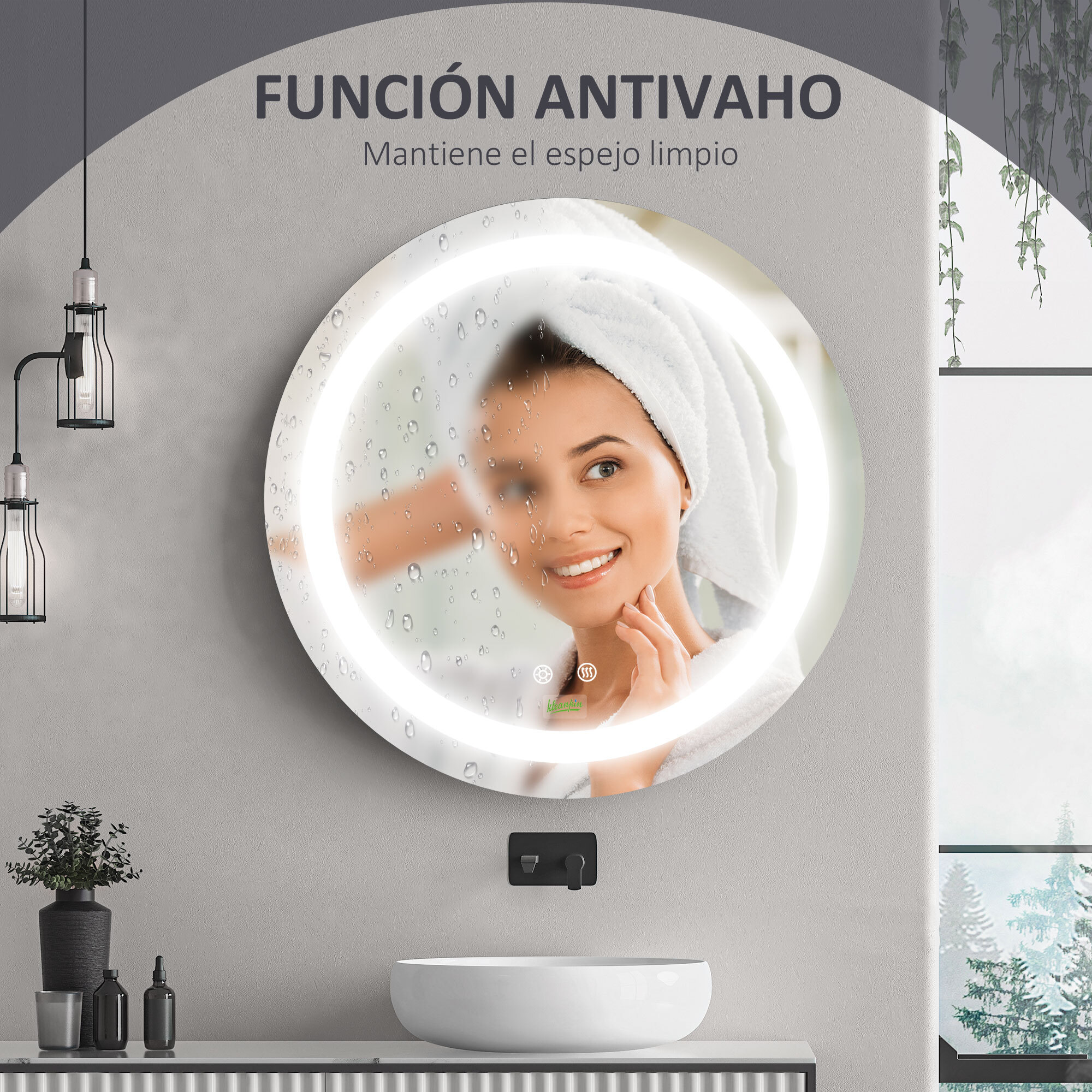 kleankin Espejo de Baño con Luz LED Ø50x4,6 cm Espejo Redondo de Pared con Interruptor Táctil 3 Luces Ajustables Función de Memoria y Antivaho Marco de Aluminio Plata