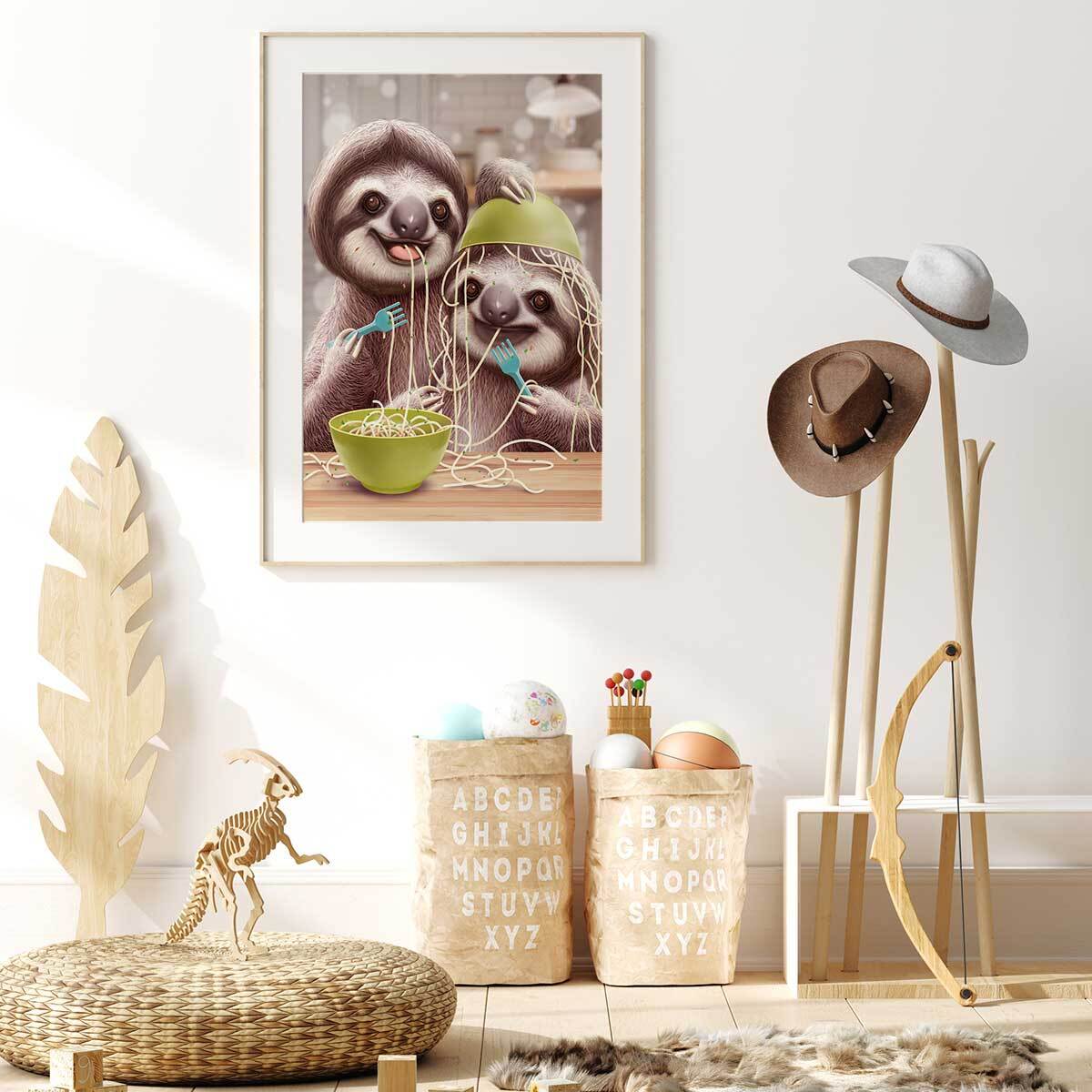 Affiche enfant jeune paresseux et spaghetti  Affiche + cadre en bois - Chêne