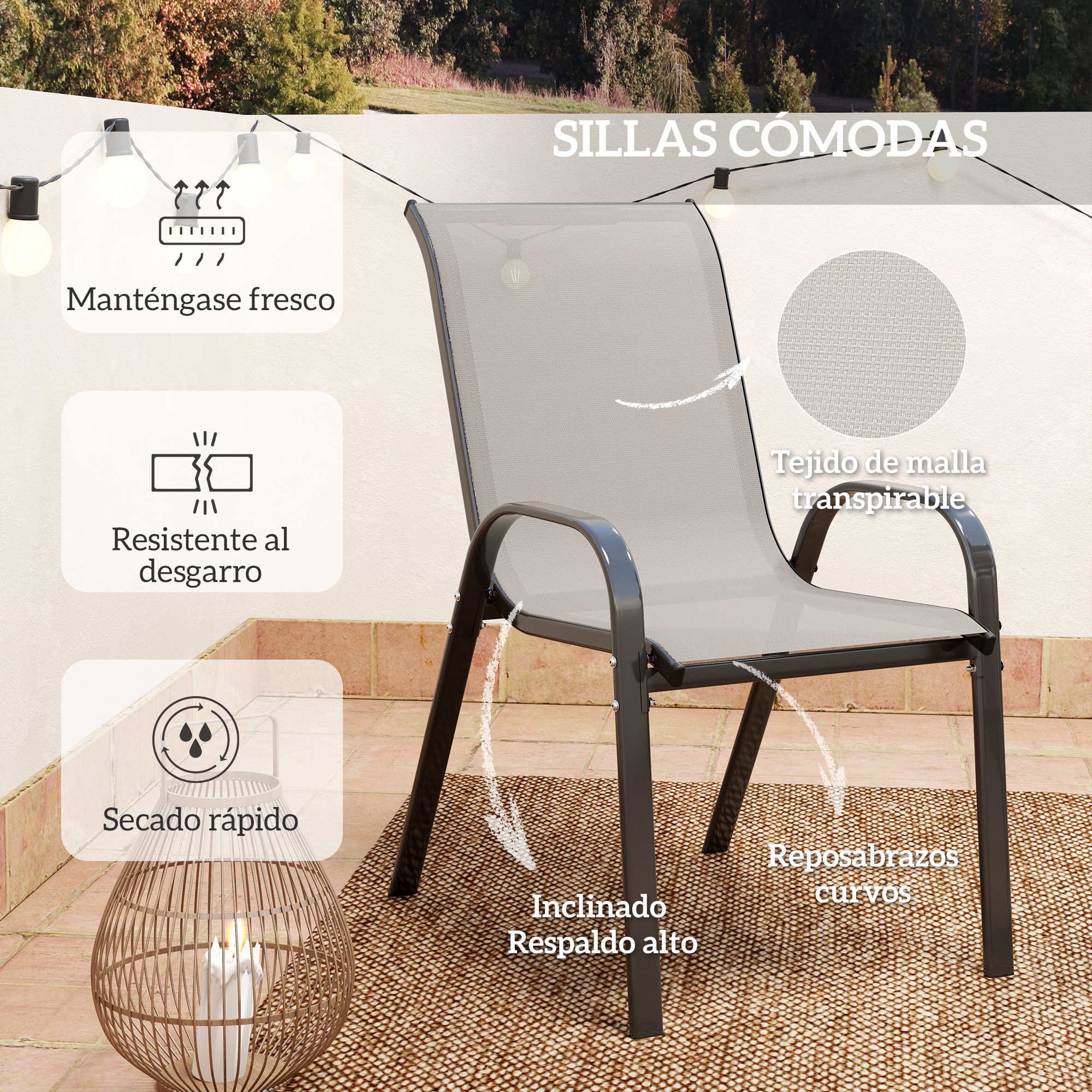 Conjunto de Mesa y Sillas de Terraza Exterior de 3 Piezas, Muebles de Jardín Exterior con Sillas Apilables, Encimera de Vidrio y Estructura de Acero, para Patio, Gris Claro