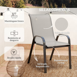 Conjunto de Mesa y Sillas de Terraza Exterior de 3 Piezas, Muebles de Jardín Exterior con Sillas Apilables, Encimera de Vidrio y Estructura de Acero, para Patio, Gris Claro
